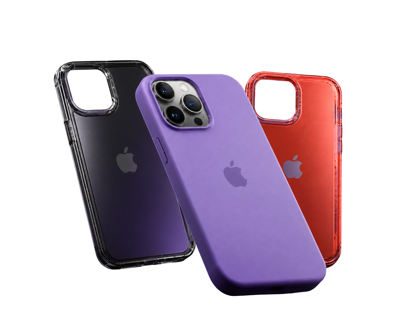 Capinhas de celular preta, roxa e vermelha