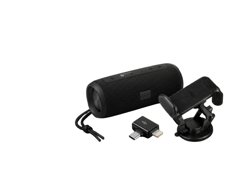 Caixa de som, adaptador e suporte veicular pra celular
